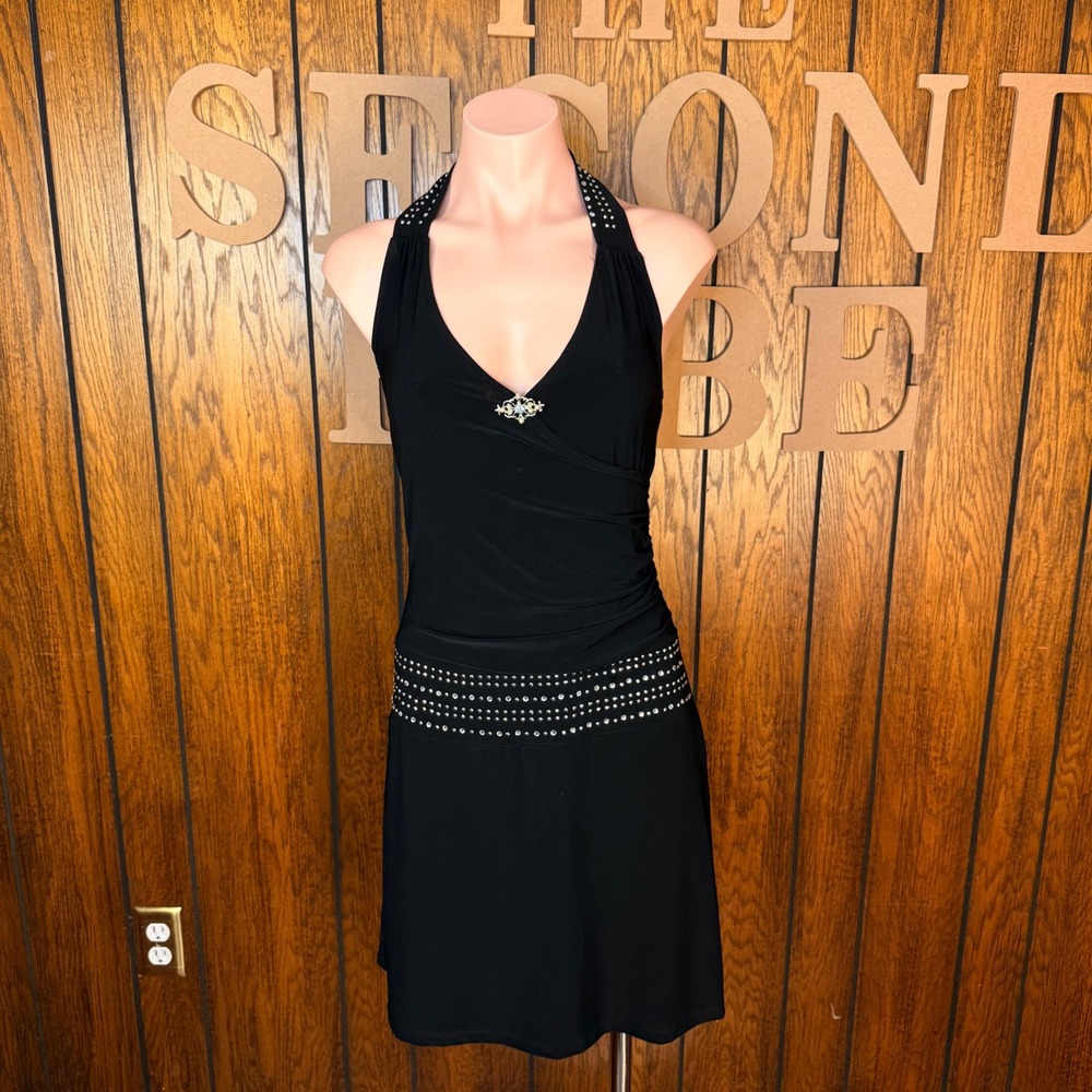 Lipstick Halter Mini Dress Womens M Black Y2K McBling Rhinestone Punk Grunge USA